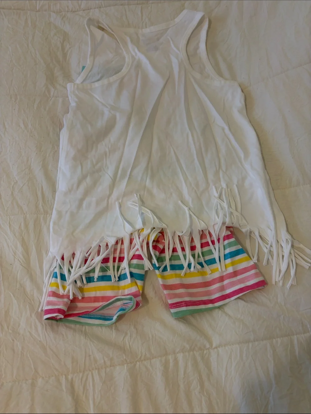 Girls White Fringe Tank Top & Rainbow Stripe Shorts Set